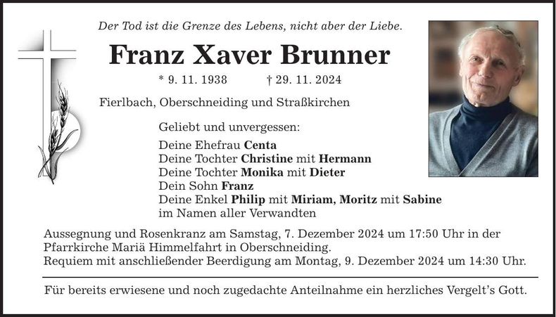 Traueranzeige Franz Xaver Brunner