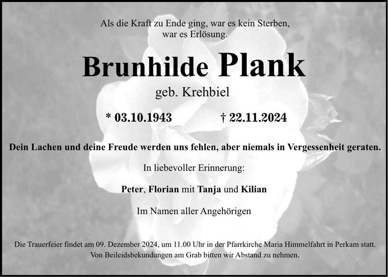 Traueranzeige Brunhilde Plank