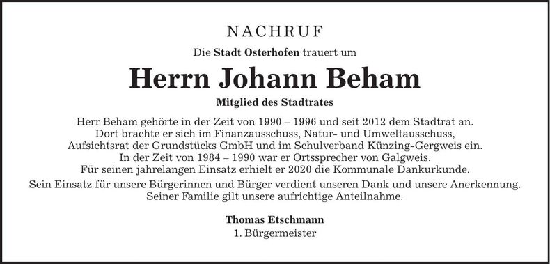 Traueranzeige Johann Beham