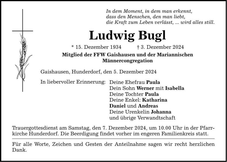 Traueranzeige Ludwig Bugl