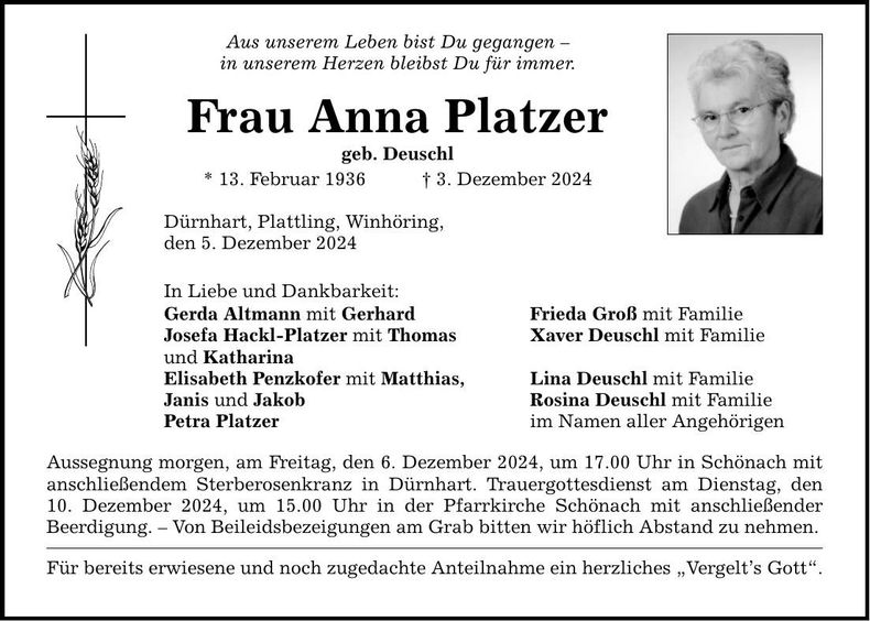 Traueranzeige Anna Platzer