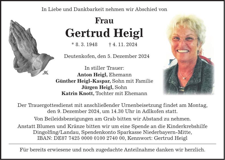 Traueranzeige Gertraud Heigl