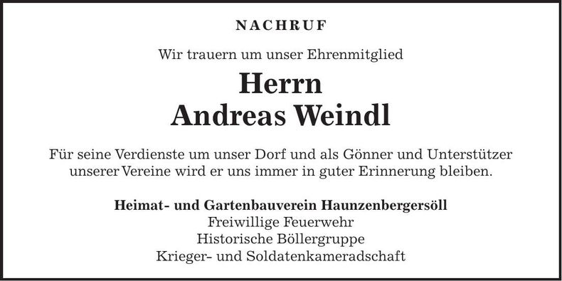 Traueranzeige Andreas Weindl