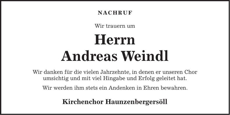 Traueranzeige Andreas Weindl