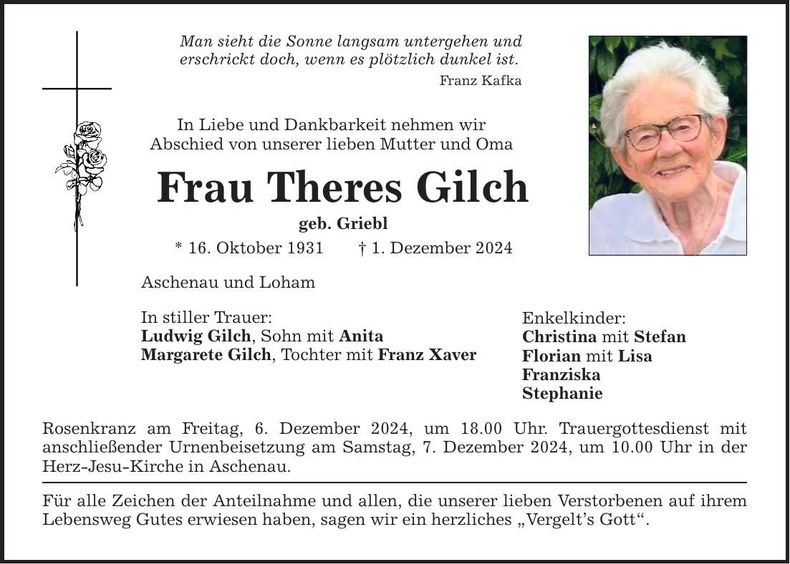 Traueranzeige Theres Gilch