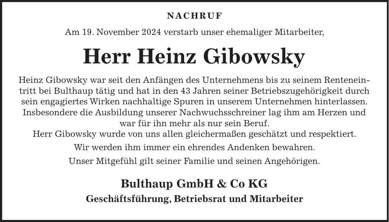 Traueranzeige Heinz Gibowsky