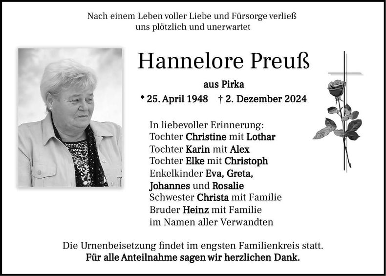 Traueranzeige Hannelore Preuß