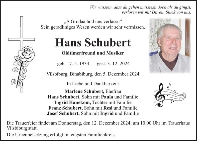 Traueranzeige Hans Schubert