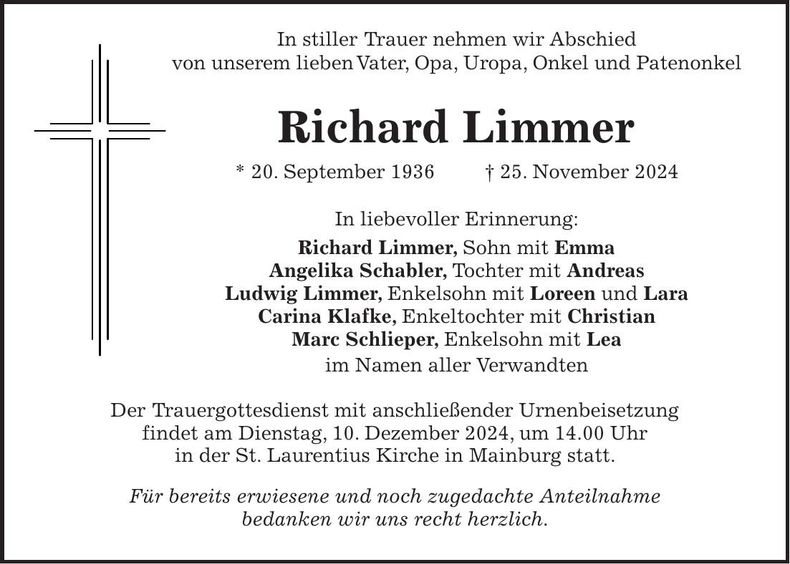 Traueranzeige Richard Limmer