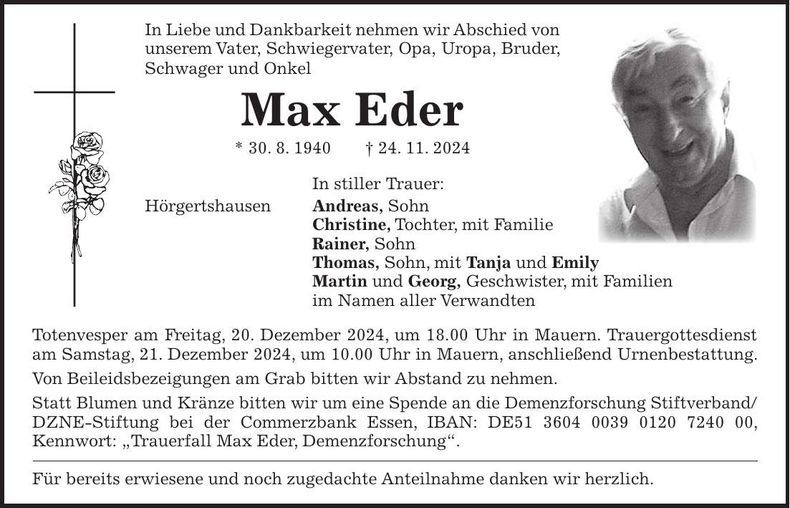 Traueranzeige Max Eder