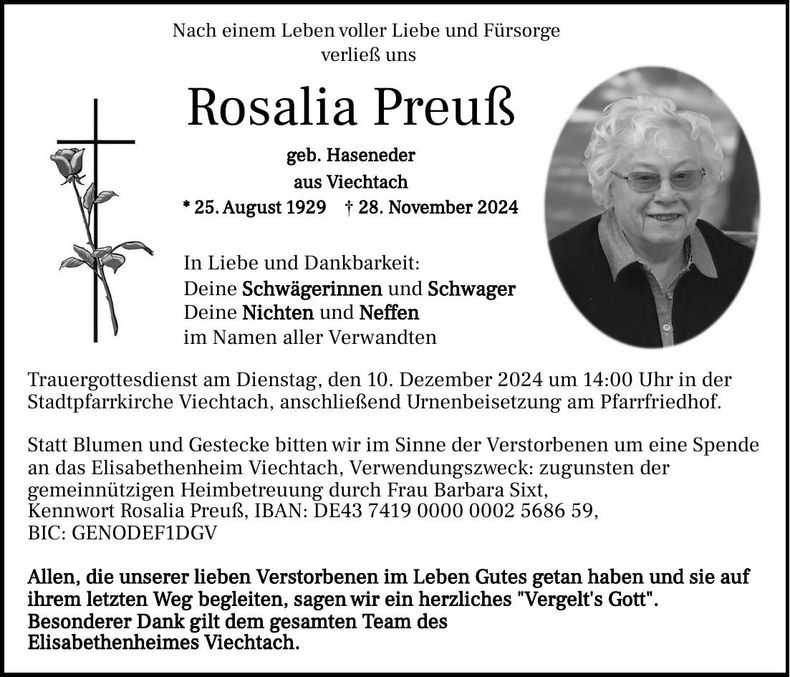 Traueranzeige Rosalia Preuß