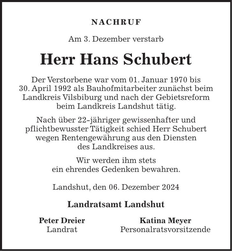 Traueranzeige Hans Schubert