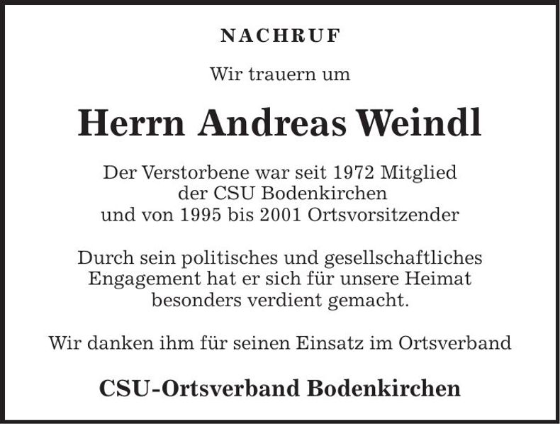 Traueranzeige Andreas Weindl