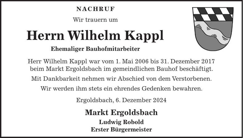 Traueranzeige Wilhelm Kappl