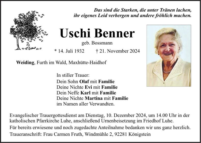Traueranzeige Uschi Benner