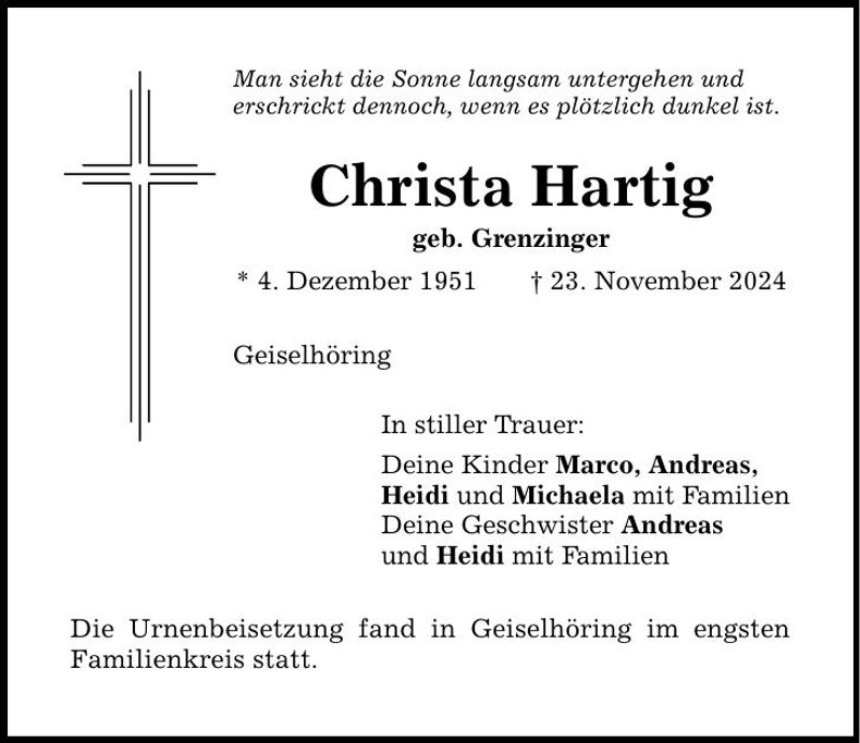 Traueranzeige Christa Hartig