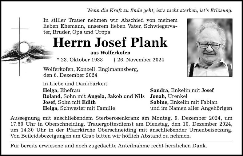 Traueranzeige Josef Plank
