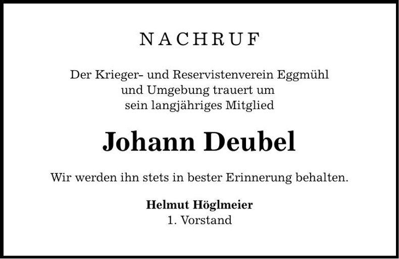 Traueranzeige Johann Deubel
