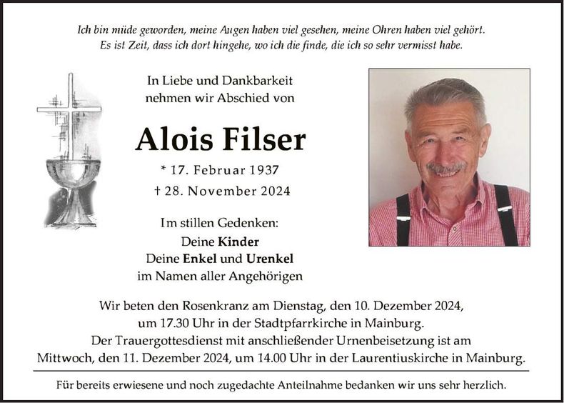 Traueranzeige Alois Filser