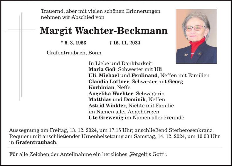 Traueranzeige Margit Wachter-Beckmann