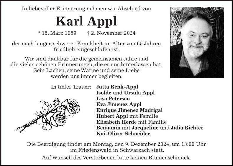 Traueranzeige Karl Appl