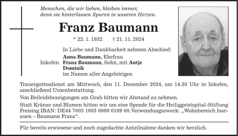 Traueranzeige Franz Baumann