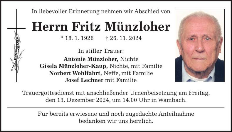 Traueranzeige Fritz Münzloher
