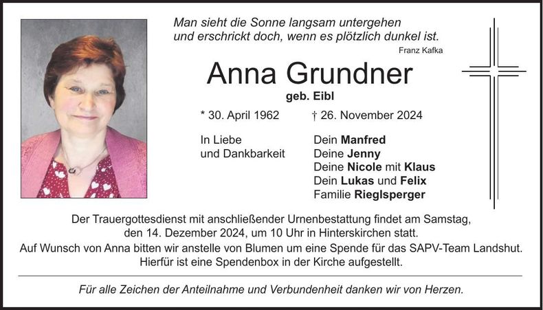 Traueranzeige Anna Grundner