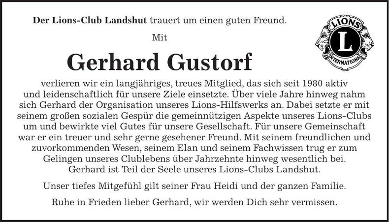 Traueranzeige Gerhard Gustorf