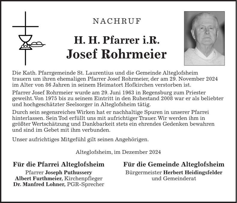 Traueranzeige Josef Rohrmeier