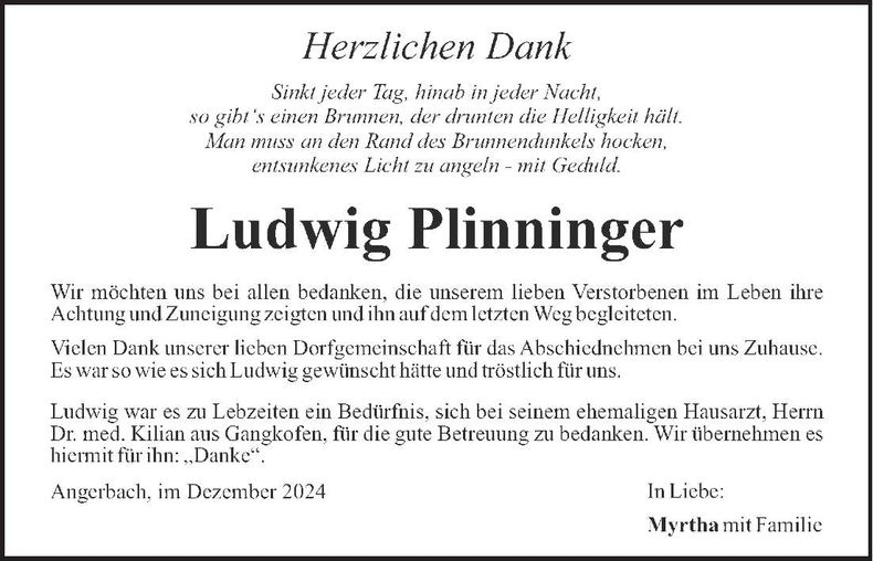 Traueranzeige Ludwig Plinninger