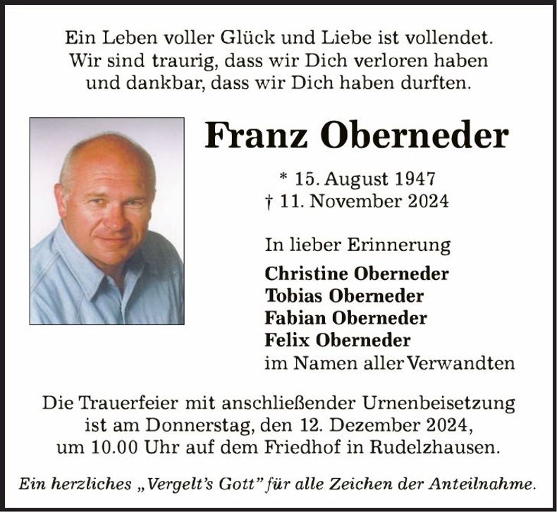 Traueranzeige Franz Oberneder