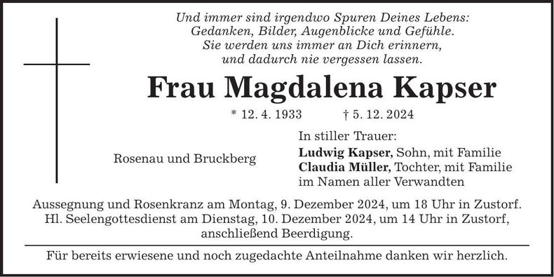 Traueranzeige Magdalena Kapser