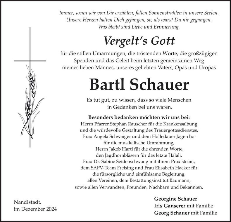 Traueranzeige Bartl Schauer