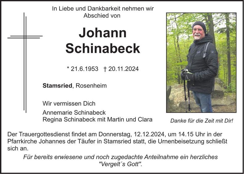 Traueranzeige Johann Schinabeck
