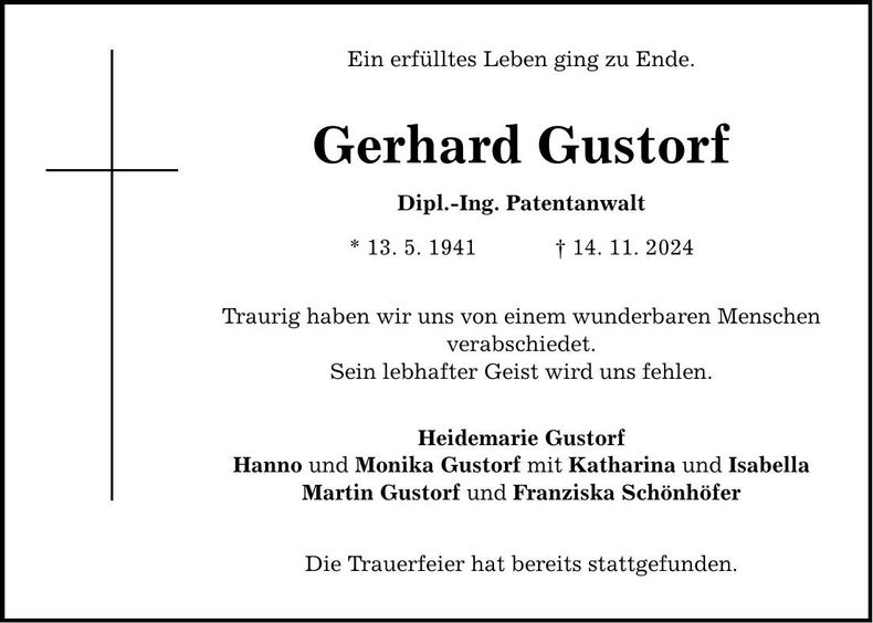 Traueranzeige Gerhard Gustorf