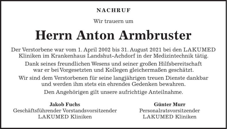 Traueranzeige Anton Armbruster