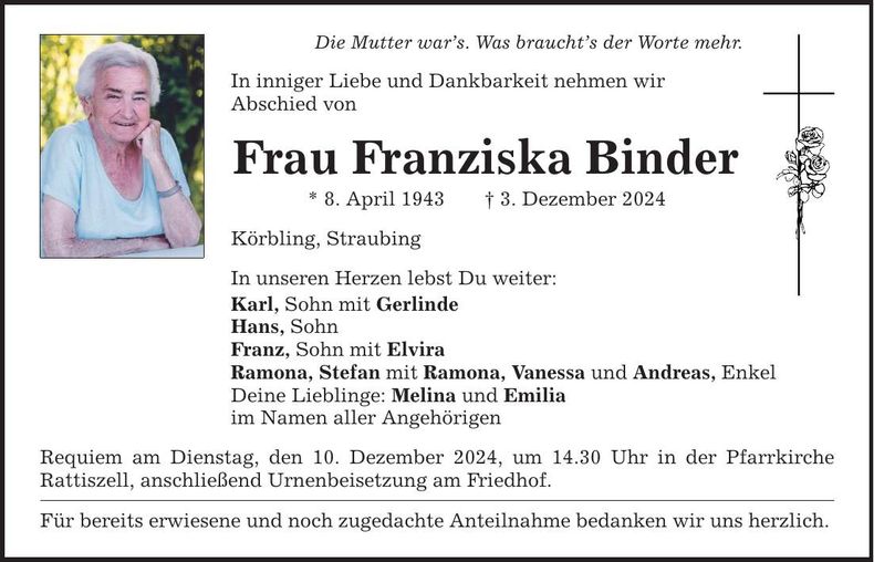 Traueranzeige Franziska Binder