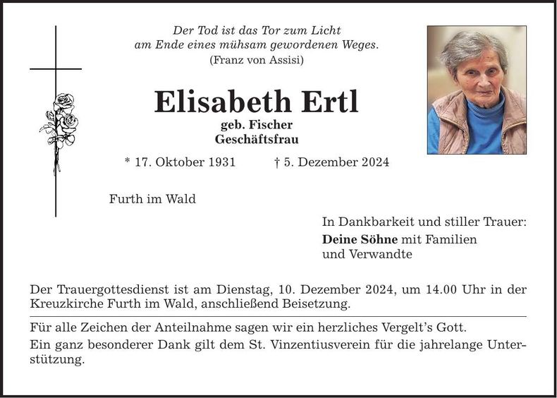 Traueranzeige Elisabeth Ertl