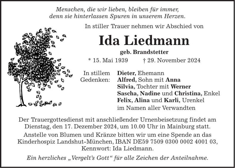 Traueranzeige Ida Liedmann