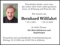 Traueranzeige Bernhard Willfahrt