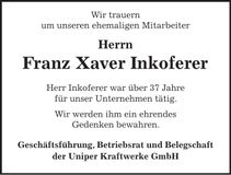 Traueranzeige Franz Xaver Inkoferer