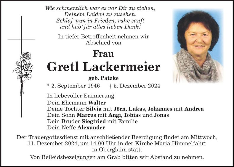 Traueranzeige Gretl Lackermeier