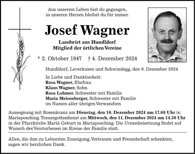 Traueranzeige Josef Wagner