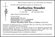 Traueranzeige Katharina Stauder