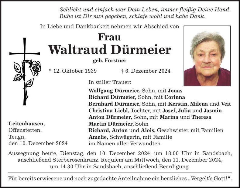 Traueranzeige Waltraud Dürmeier