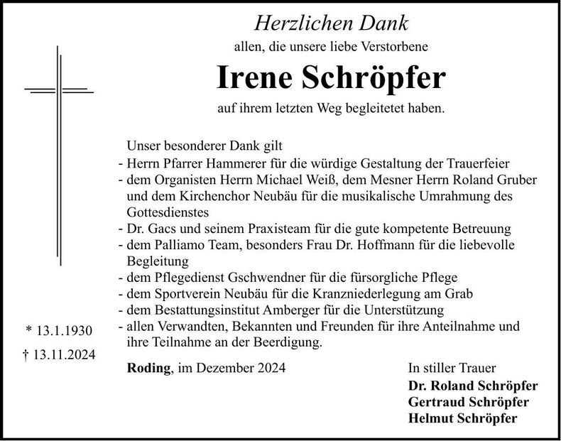 Traueranzeige Irene Schröpfer
