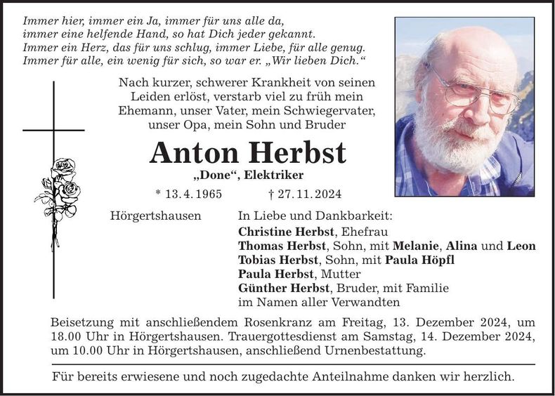 Traueranzeige Anton Herbst