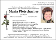 Traueranzeige Maria Pletschacher