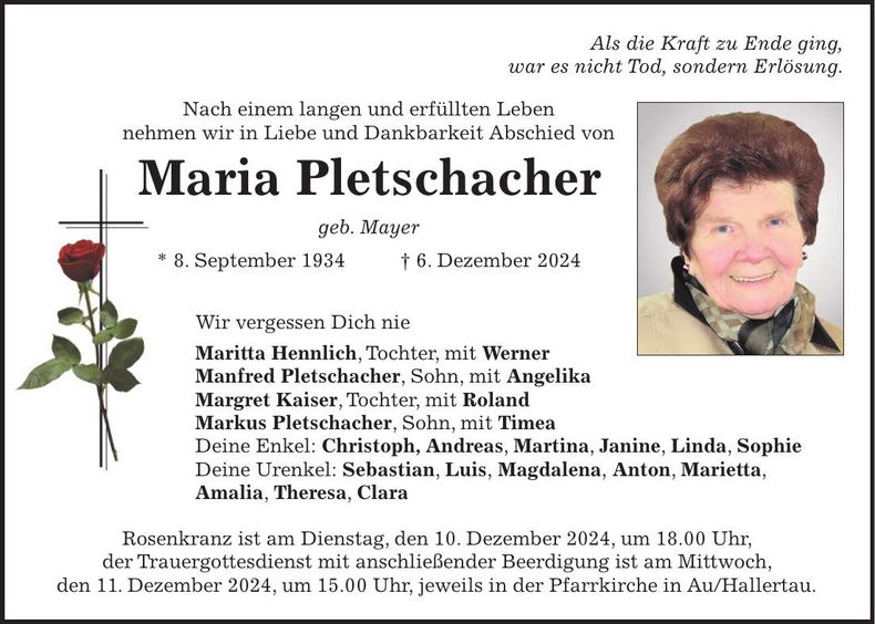 Traueranzeige Maria Pletschacher